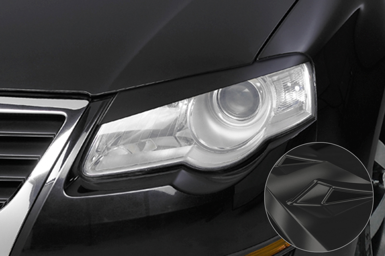 Paupières de phares avants (la paire) pour VW Passat B6 (Typ 3C) toutes carrosseries (2005-2010) - Fabriqué en ABS glossy (Noir brillant)