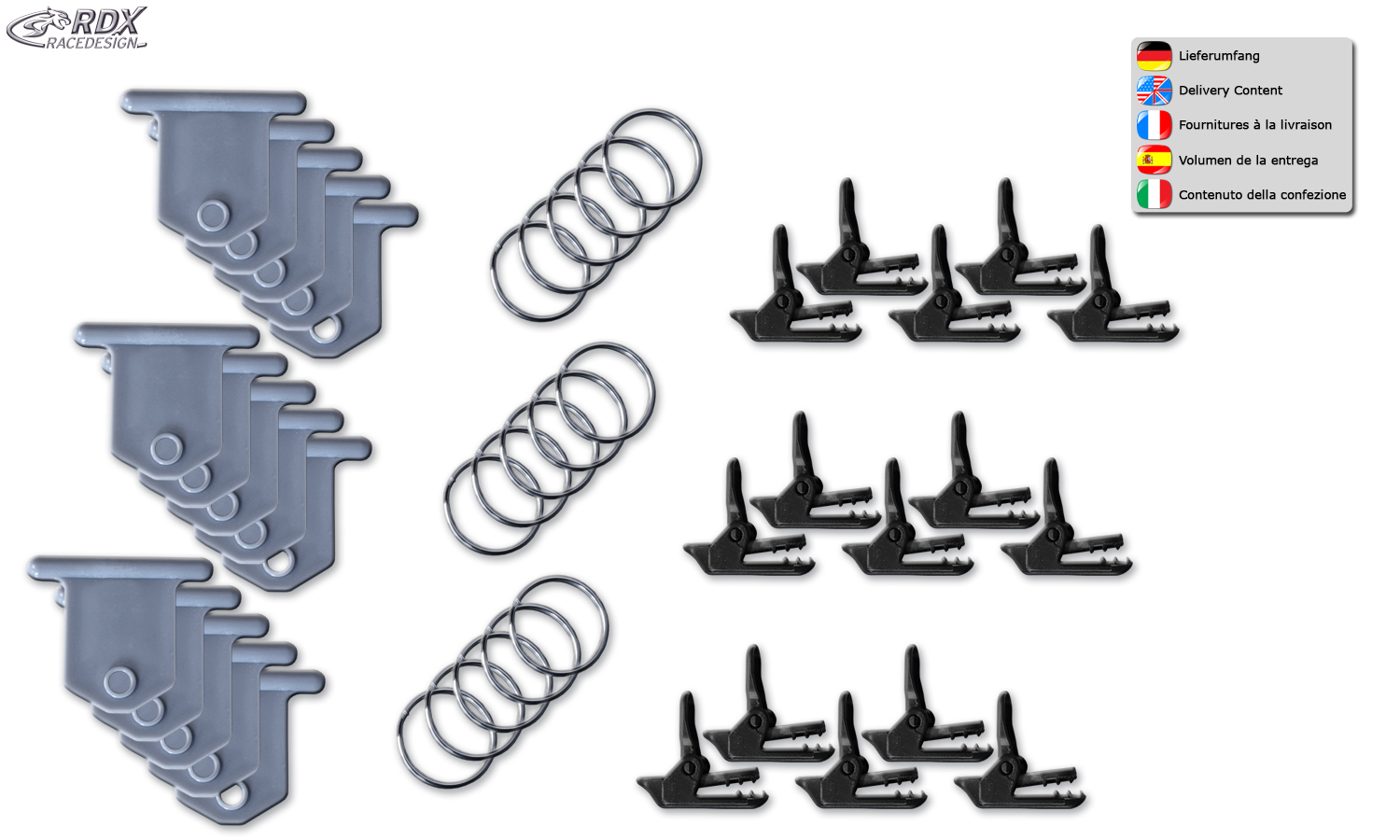 Kit de fixation à clip RDX pour rails Keder dans les auvents de camping, par exemple pour les rideaux (15x/45 pièces).