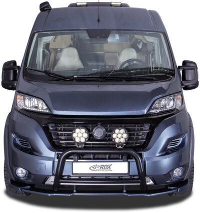 Ajout / Lame de pare-chocs avant RDX VARIO-X pour FIAT Ducato (2014-2024), CITROËN Jumper/Relay (2014-2024), OPEL/VAUXHALL Movano (2021-2024), PEUGEOT Boxer (2014-2024) et RAM ProMaster (2013-2025) (avec extensions d'ailes, eG Heavy/Maxi). Lame de pare-chocs avant.