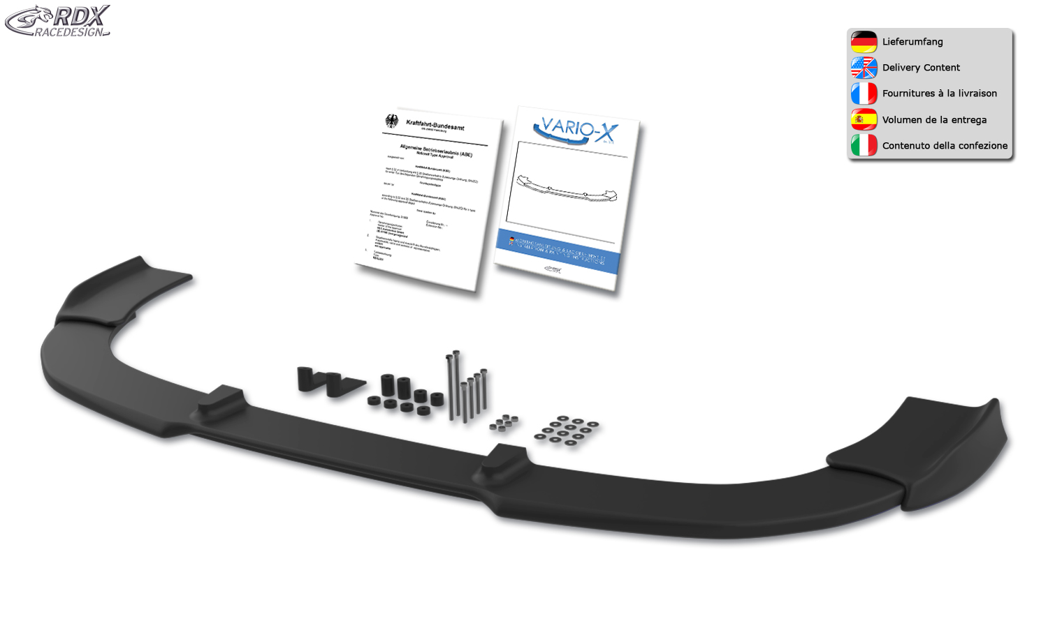 RDX Spoiler Avant VARIO-X pour CITROEN Berlingo (7 / 2015+) & pour PEUGEOT Partner (7 / 2015+) Répartiteur de Lèvre Avant