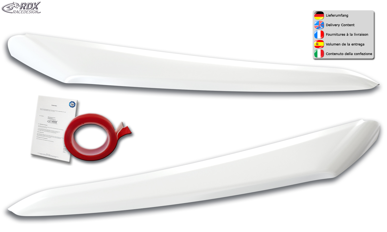 paupières de phares (la paire) RDX pour FIAT Ducato (2014+), CITROËN Jumper/Relay (2014+), OPEL/VAUXHALL Movano (2021+), PEUGEOT Boxer (2014+), TOYOTA ProAce Max (2024+), IVECO eSuperJolly (2026+) et RAM ProMaster (2013+) - Blanc brillant