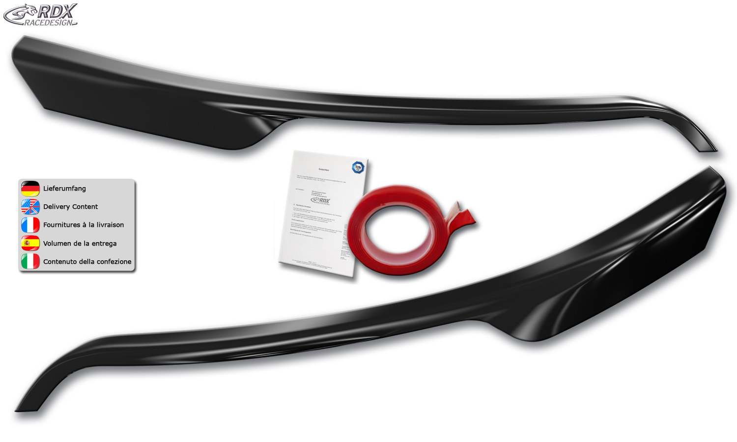 paupières de phares (la paire) RDX pour FORD Transit (2014-présent) pour phares halogènes argentés, contours de phares noirs brillants