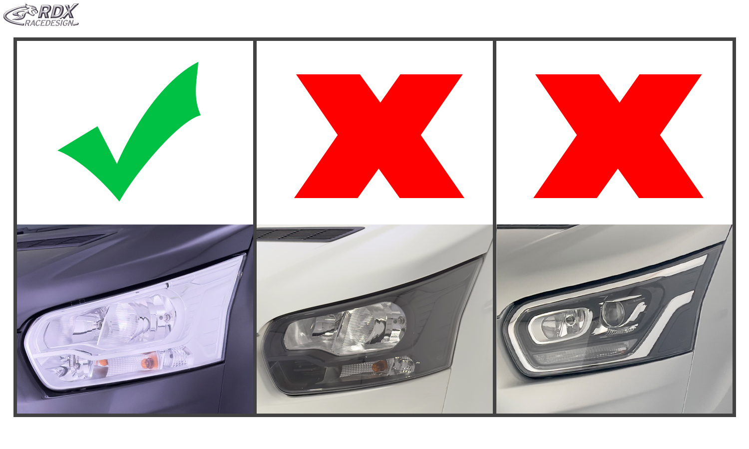 paupières de phares (la paire) RDX pour FORD Transit (2014-présent) pour phares halogènes argentés, contours de phares noirs brillants