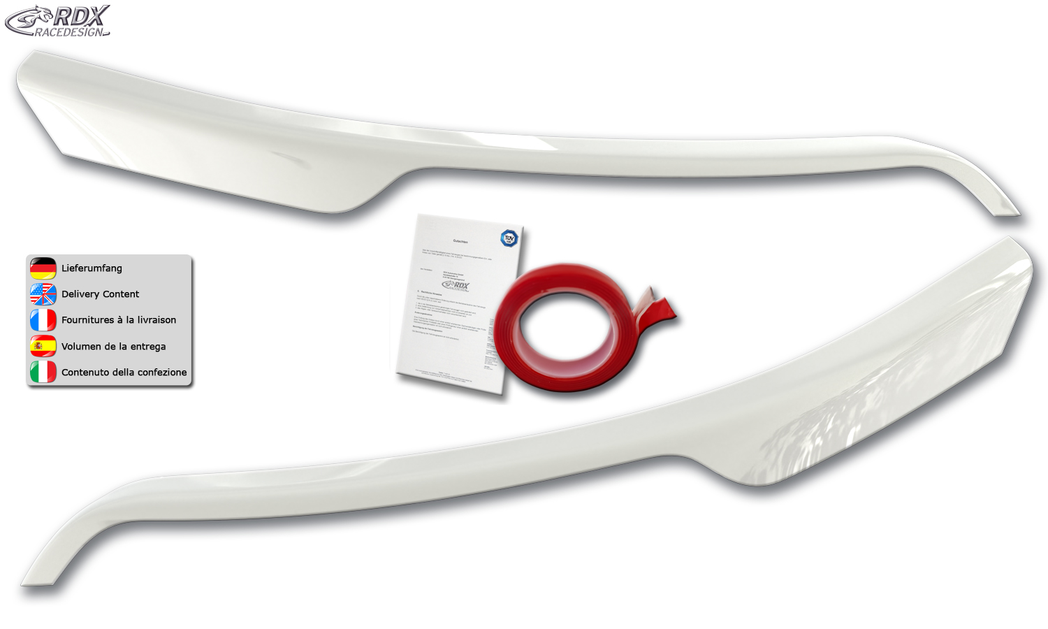 paupières de phares (la paire) RDX pour FORD Transit (2014-présent) pour phares halogènes argentés, sourcils de phares blancs brillants