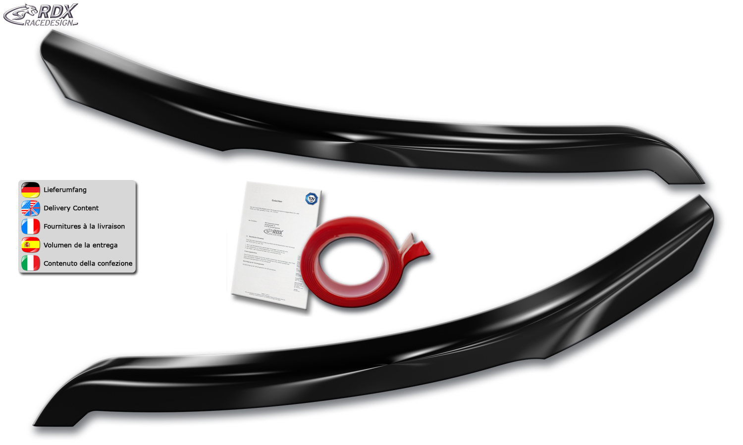 paupières de phares (la paire) RDX pour FORD Transit (2014-présent) pour phares xénon et halogènes noirs, sourcils de phares noirs brillants