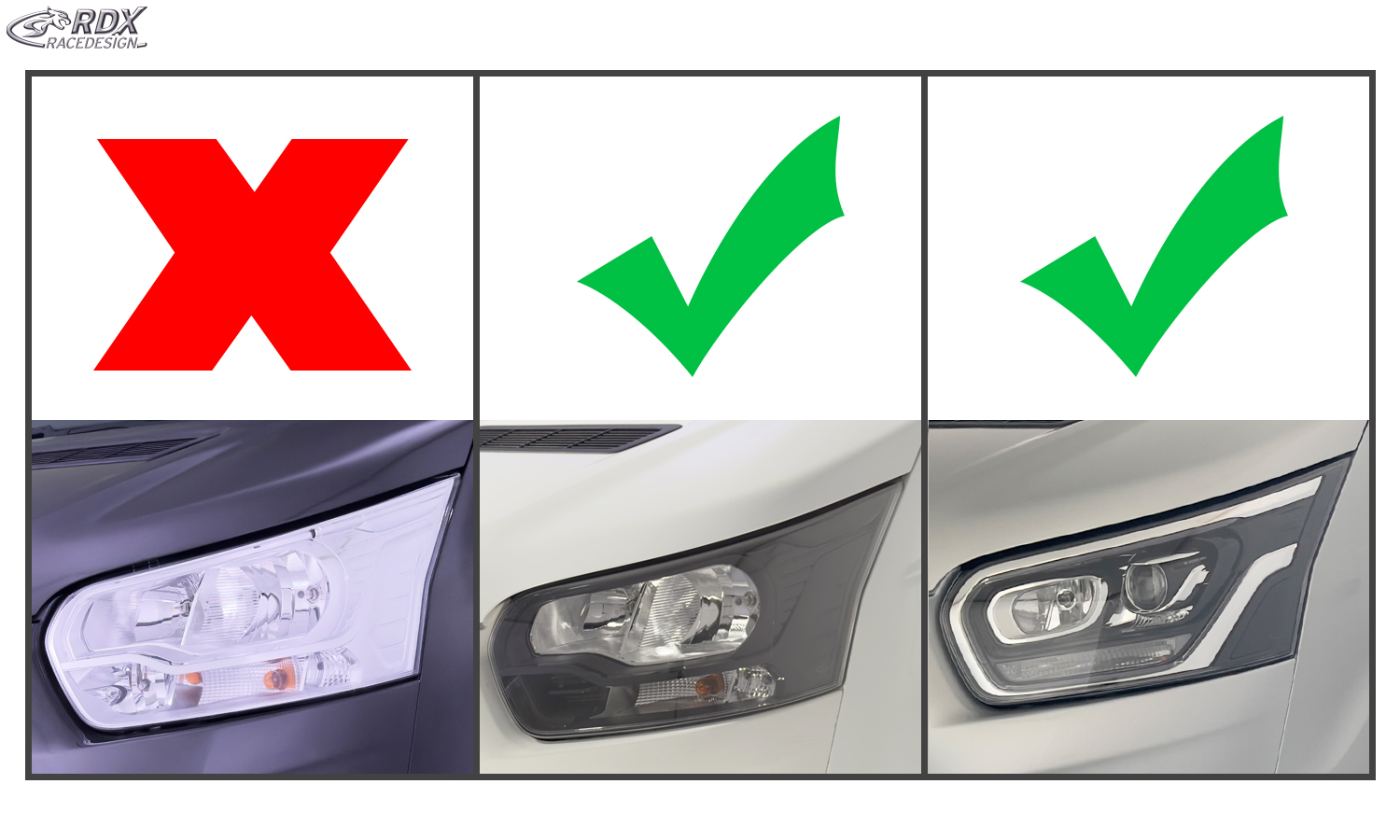 paupières de phares (la paire) RDX pour FORD Transit (2014-présent) pour phares xénon et halogènes noirs, sourcils de phares noirs brillants