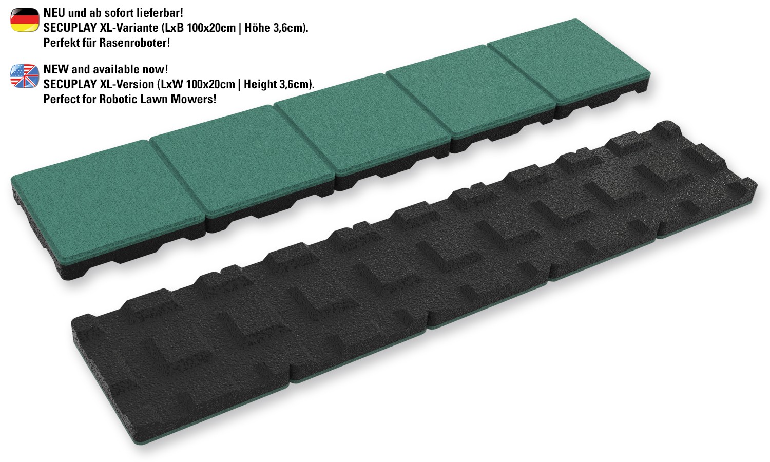 Lot de 5 bordures de pelouse SECUPLAY XL en caoutchouc vert, 100 x 20 x 3,6 cm